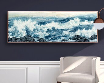 Extra large horizontal ocean fine art print, Sea waves brush painting fine art print, large scale ocean water art giclee canvas print,