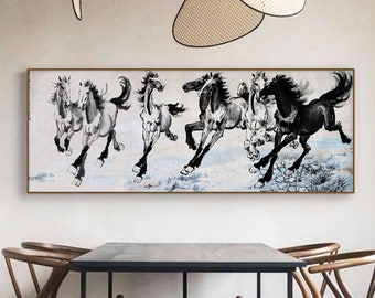 走る馬の水墨画：大きな白黒の風水壁アート - Etsy 日本