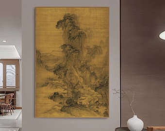Chinese antique landscape painting replica, story telling vintage wall art, Minimal Chinese landscape scroll hanging 清 李寅 秋山行旅