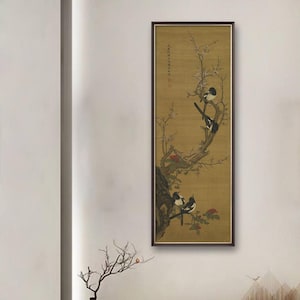 Four Magpies in Early Spring, Vintage retro Chinese wall hanging, ancient art replica, handcrafted silk hanging scroll, giclee silk print
