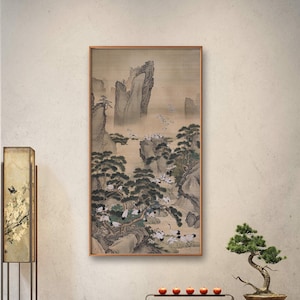 One Hundred Cranes, Vintage retro red-crowned crane art, ancient taste silk hanging scroll, pine and crane art replica, giclee silk print
