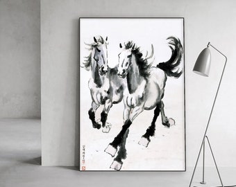 走る馬の水墨画：大きな白黒の風水壁アート - Etsy 日本