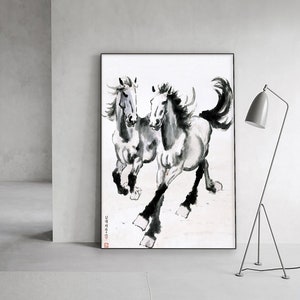 Minimal black and white Feng shui horse painting, Xu Beihong, limited edition archival print, Large vertical galloping horses brush painting