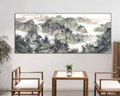 Extra large horizontal Chinese landscape painting, 壯美河山 Spring Shan shui painting, Xuan paper Silk print, mountains and rivers wall decor