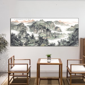Extra large horizontal Chinese landscape painting, 壯美河山 Spring Shan shui painting, Xuan paper/Silk print, mountains and rivers wall decor