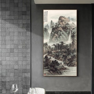 Clam mountain and stream painting, ink wash mountains painting, handmade hanging scroll, Shan shui painting, by Huang Junbi 黄君璧 松嶺歸樵
