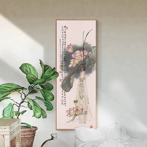 Guanyin vase, lotus flowers, Chinese brush painting, unframed giclee fine art print, handcrafted silk hanging scroll, canvas wall hanging
