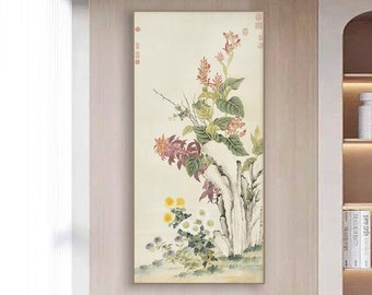 Autumn Beauties Presents Her Charm, vertical narrow seasonal flower painting scroll, Chinese botanic painting, giclee silk print, 鄒一桂畫秋英呈艷