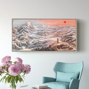 Pagoda mountain, Horizontal sunrise mountain peaks landscape painting, Asian ink wash mountain art, fine art print, silk print, canvas print