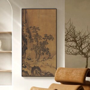 Viewing Waterfall in Pine Shade, literati nestled among the landscapes, brush painting giclee print, dark brown vintage retro Shan shui art
