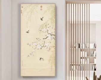 Apricot Blossoms with Swallows, vertical narrow handmade silk Hanging Scroll wall art, bird and flower painting, giclee art print  鄒一桂 杏花燕子