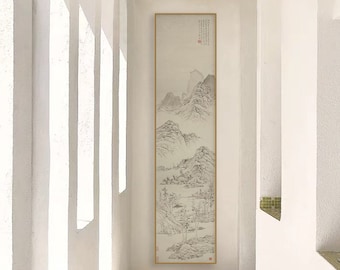 Vertical narrow minimal mountain art, Shan shui painting, ink brush painting, hallway wall hanging, archival print, silk hanging scroll