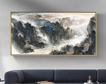 Misty Canyon Vast River, Abstract Ink wash Landscape Painting, color splashed art, large horizontal Shan shui painting, SMX