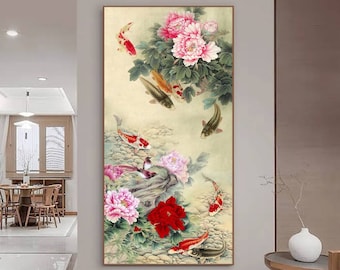Peony and koi art, auspicious art, large vertical Chinese traditional nine koi fish painting, giclee print, Gongbi Feng shui koi fish art