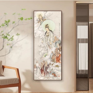 Avalokitesvara Stepping on Lotus, Buddhist art, Chinese meticulous Guanyin portrait painting, East Asian Bodhisattva art archival print