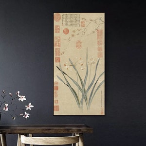 Narcissus and wintersweet, East Asian minimal Zen art, Chinese ancient botanic panting giclee art print, vertical retro style hanging scroll