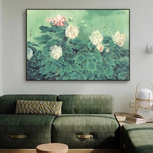 Hibiscus brush painting, East Asian watercolor painting, Hibiscus flowers art on Xuan paper, art replica, archival print, large horizontal