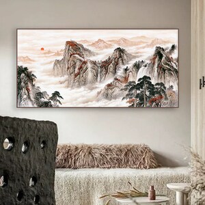 Taishan Mountain Landscape Painting: Rosy Autumn Ink Brush Art Replica