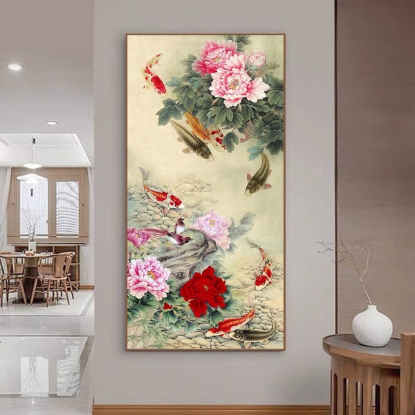 Peony and koi art, auspicious art, large vertical Chinese traditional nine koi fish painting, giclee print, Gongbi Feng shui koi fish art