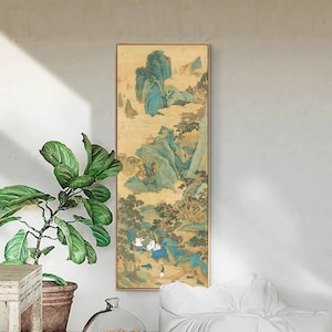 Peach Blossoms Wonderland, by Qiu Ying, Chinese Ming dynasty antique landscape painting, art replica, giclee print, vertical narrow 仇英 桃源仙境