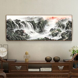 Cloud-covered Mountains and Cascading Waterfalls, extra large horizontal Feng shui landscape painting, limited edition print, archival print