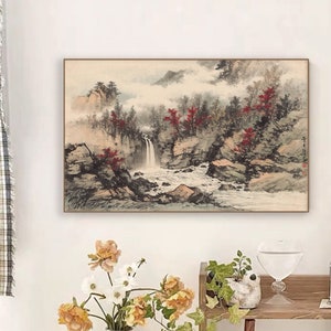 White clouds, red trees, imprinting a clear creek, ink wash painting, breathtaking visual spectacle, Chinese brush painting, archival print