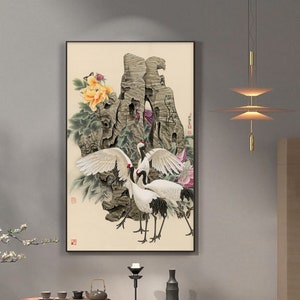 Red crowned cranes in peony garden, Chinese traditional meticulous painting, East Asian fine art print, Large vertical giclee canvas print