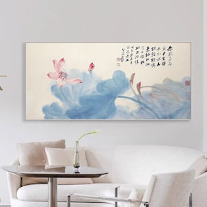 Abstract Expressionism Pink Lotus Art replica, Zhang Daqian, Xuan paper print, Chinese ink wash painting, horizontal abstract blue art, DQBT