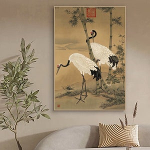 Proud cranes, Gongbi red-crowned cranes painting, vintage retro crane and bamboo art, silk print, antique taste meticulous crane, HD print