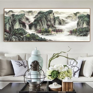 Lush greenery of the stream and mountains , Extra large Horizontal Chinese landscape painting, handcrafted silk hanging scroll, art replica