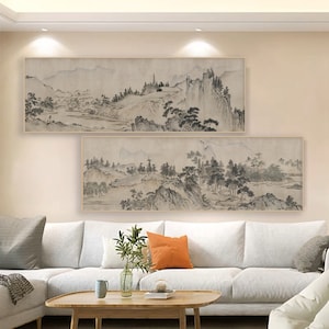 Excerpt parts of Thousands of miles Yangtze, Chinese Ming dynasty antique landscape painting cutouts replica, horizontal narrow Shan shui