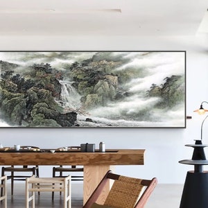 Extra large horizontal mountains and waterfalls art, giclee print, Chinese Feng shui landscape painting fine art print, unframed