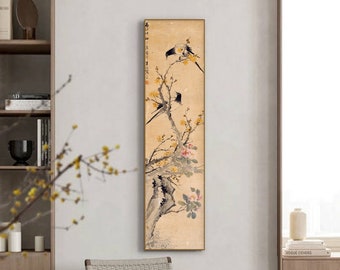 Wintersweet, Chinese Magpie, Chinese ancient painting replica, Antique xieyi bird and flower art, vertical narrow botanic art print 朱夢廬 仲秋三月