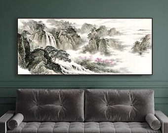 Light color ink wash mountains and waters painting, Large horizontal Chinese landscape brush painting fine art print, Shan shui giclee print