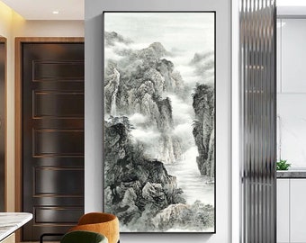 East Asian minimal black and white mountains and rivers art, Shan shui fine art print, Misty landscape scenery, oriental Impressionist