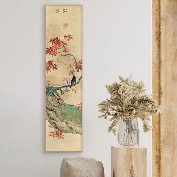 Érable rouge et oiseau, rouleau suspendu en soie à écran long de peinture chinoise d'oiseaux et de fleurs, peinture botanique Gongbi, impression d'art 鄒傳安 五嶺披霞