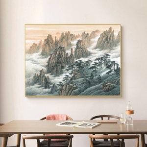 Large horizontal Huangshan mountain art replica, Chinese Landscape fine art print, clouds and mountains brush painting giclee print, XY