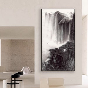 Minimal high mountain art, ink brush painting, mountain landscape, black and white mountain art, large vertical giclee print, canvas print