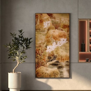Autumn Lotus, Retro style Ochre color painting, White lotus art, Chinese brush painting, unframed giclee print, warming color wall art殘荷