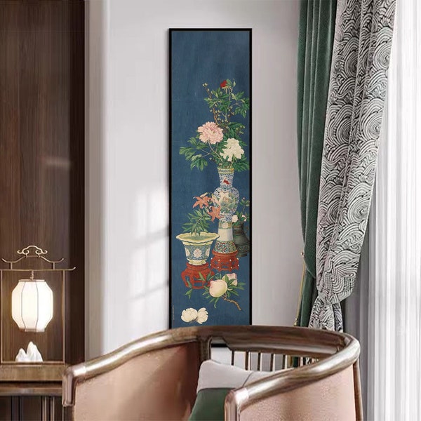 Exquisite Chinese meticulous auspicious art, Chinese luxury ancient court style flowers art giclee print, handcrafted silk hanging scroll
