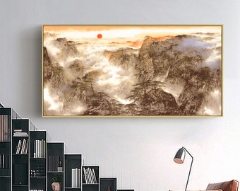 Sunrise mountain art, large horizontal ink wash mountain painting, Chinese landscape brush painting, misty pine mountain art giclee print