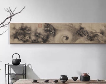 Chinese dragon painting, Southern Song Dynasty, 11th century, vintage retro decoration art, loong brush painting, giclee art print 南宋 陈容 九龙图