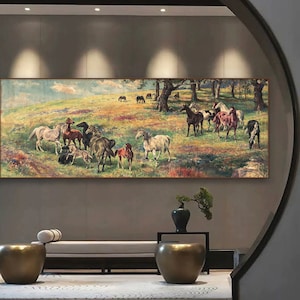 Horses painting, Xu Beihong, masterpiece horse oil painting on canvas, archival print, large horizontal Horse wall art, Feng Shui horse art