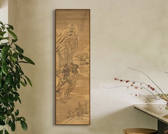 Snowy mountains art, vertical narrow oriental wall art, Chinese antique landscape painting, silk hanging scroll, silk print art replica