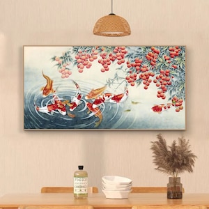 Lychee and koi fish painting, feng shui art of nine koi fish for attracting wealth and good fortune, auspicious art deco, large horizontal