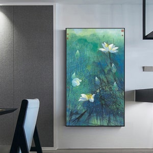 White lotus art, giclee print, Asian artist contemporary art, watercolor botanical art, large vertical abstract blue-green color wall art