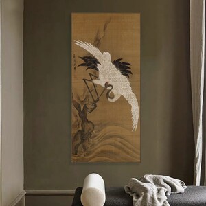 East Asian meticulous flying crane art print, Chinese antique Red-crowned crane painting replica, 丹顶鹤, 米芾, 11th century retro style wall art