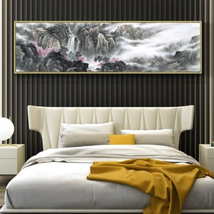 Misty mountain, giclee art print, Peach blossoms valley, long narrow horizontal mountains and clouds landscape, unframed fine art print