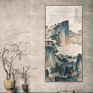Calm Ink Blue Mountain peaks painting, large size vertical Chinese traditional landscape painting art print, 峰巒泣幽 by Xie Zhiliu, 145X70