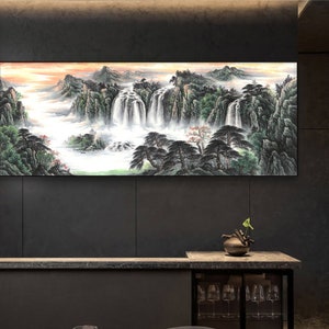 Pine-covered mountains and flowing water, tranquil waterfall misty mountain art, horizontal Classical Chinese Feng shui landscape painting